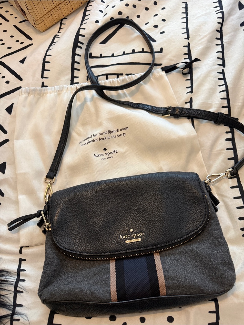 kate spade Black, Gray and Navy Crossbody with Tan Stripe